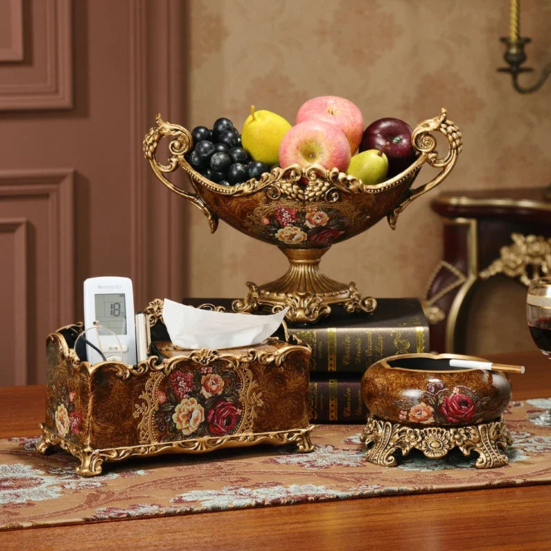 décoration table résine or marron fleurs classique vase boîte mouchoirs cendrier fruits bouquets
