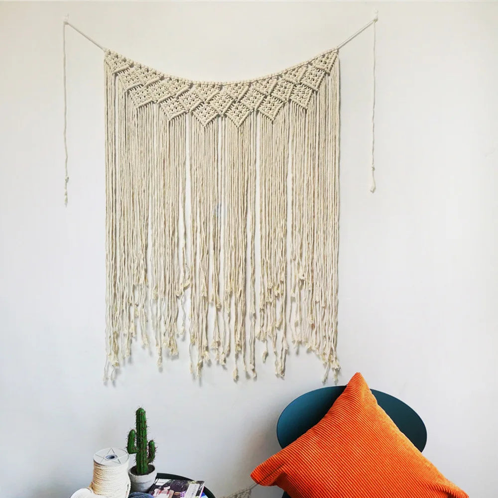 Détail de la texture tissée à la main de la tapisserie macramé