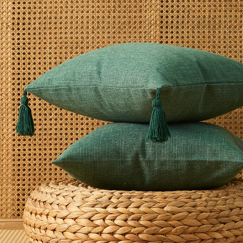 coussin carré rustique polyester brodé lin beige clair lavable amovible 45x45cm glands