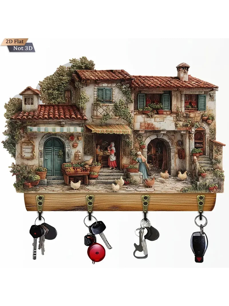 porte clés mural bois rural illustration maison poules décoratif clés bouteille ouverture vis fixations