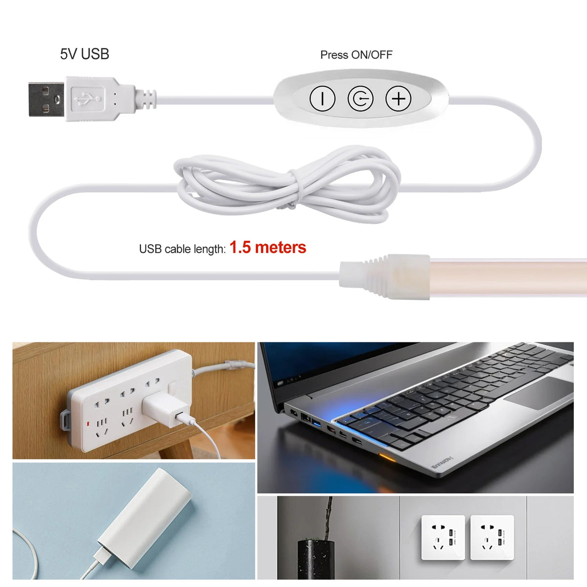 ruban led néon blanc chaud 320 leds mètre contrôleur usb interrupteur on off moderne