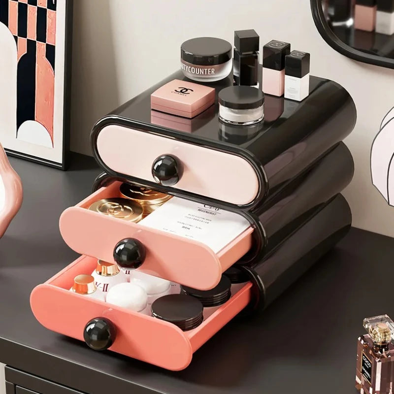 organisateur maquillage boîte rangement noir rose blanc moderne poudre fard joues crème masque bouteilles