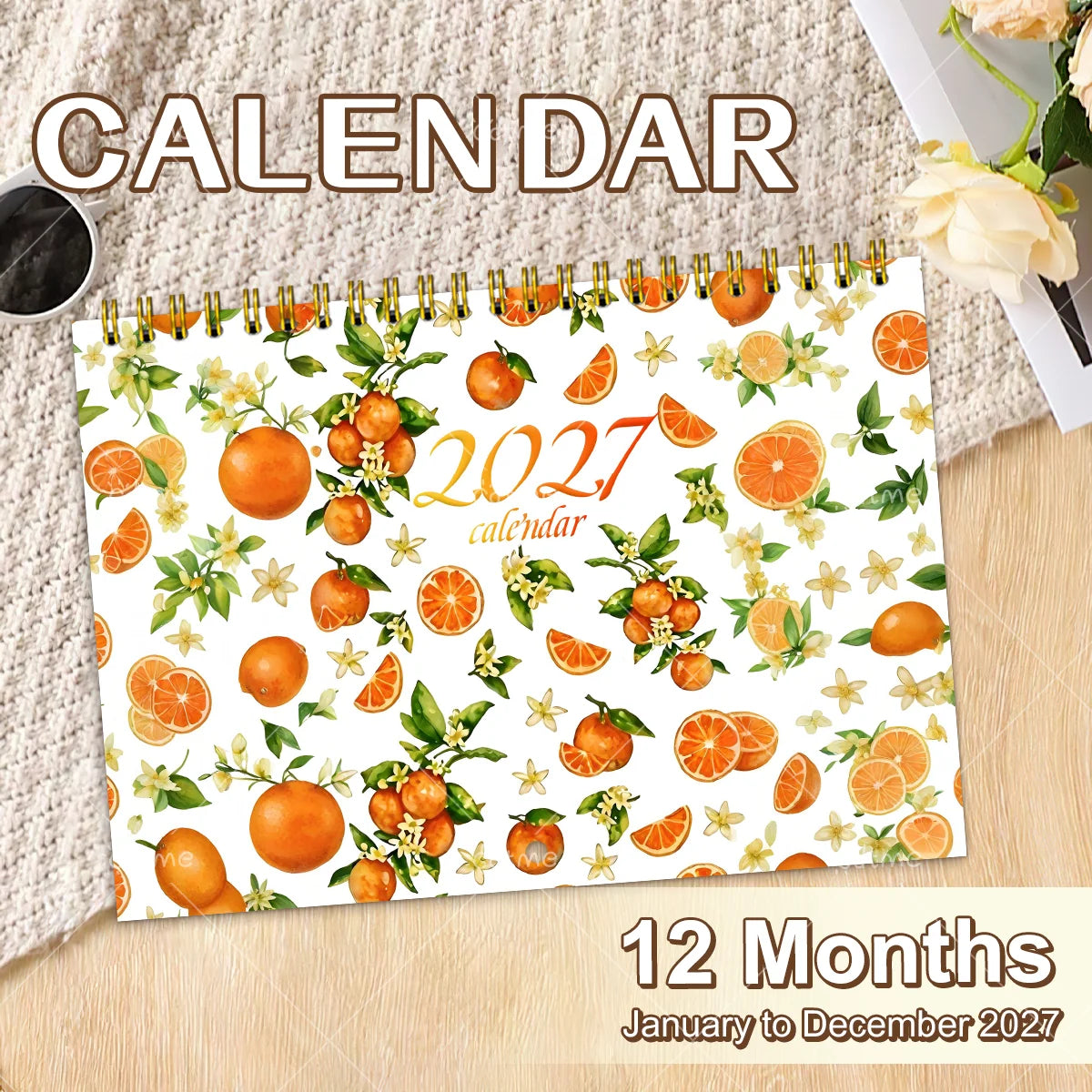 calendrier mural 2027 calendrier spirale motif fleurs orangers aquarelle moderne minimaliste blanc orange vert