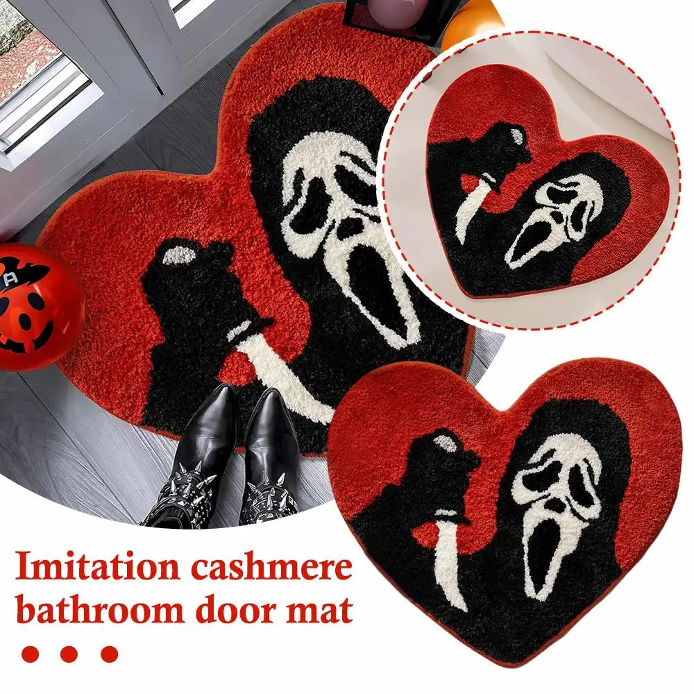 tapis porte salle bain rouge noir blanc crâne halloween texture épaisse moderne graphique