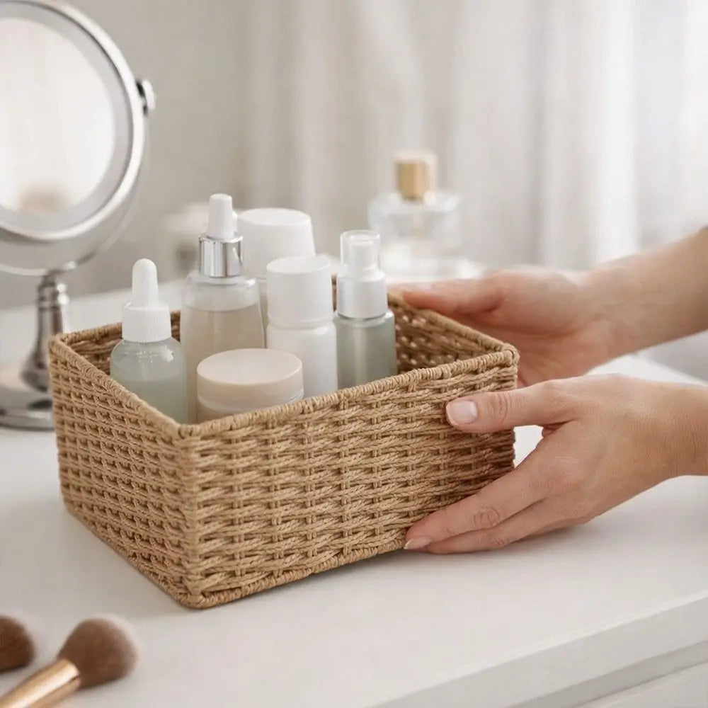 panier rangement tressé rustique bohème réutilisable cosmétiques objets divers grande capacité marron naturel