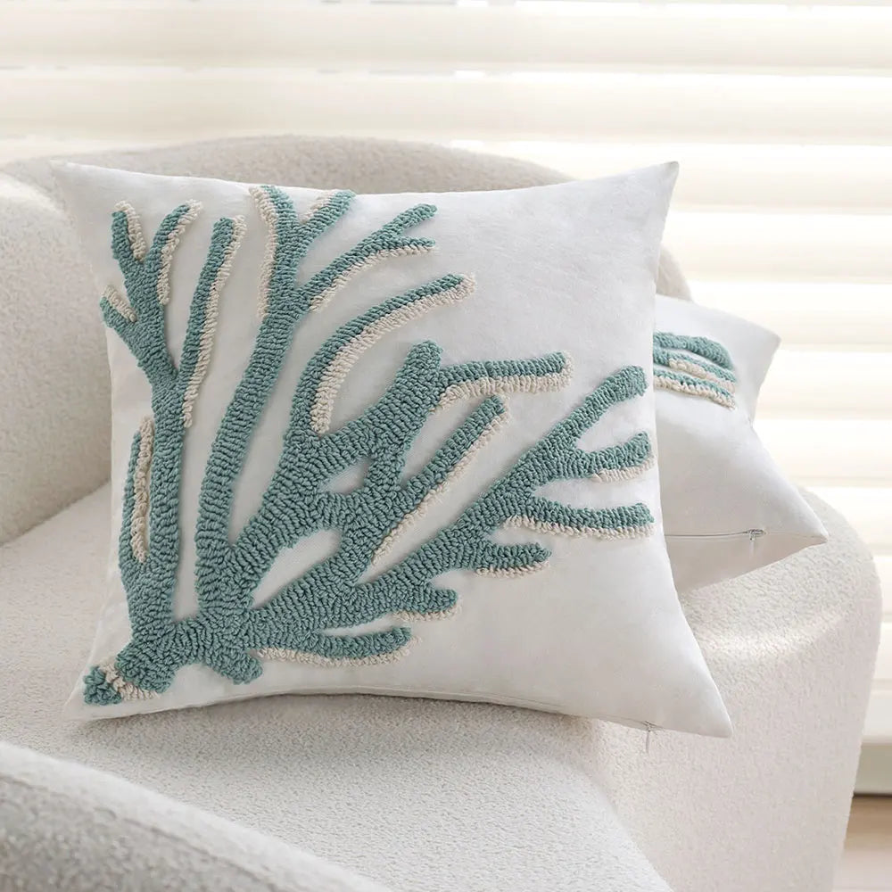 housse coussin carrée marin motif corail bleu 100% polyester blanc decoratif maison lit chaise