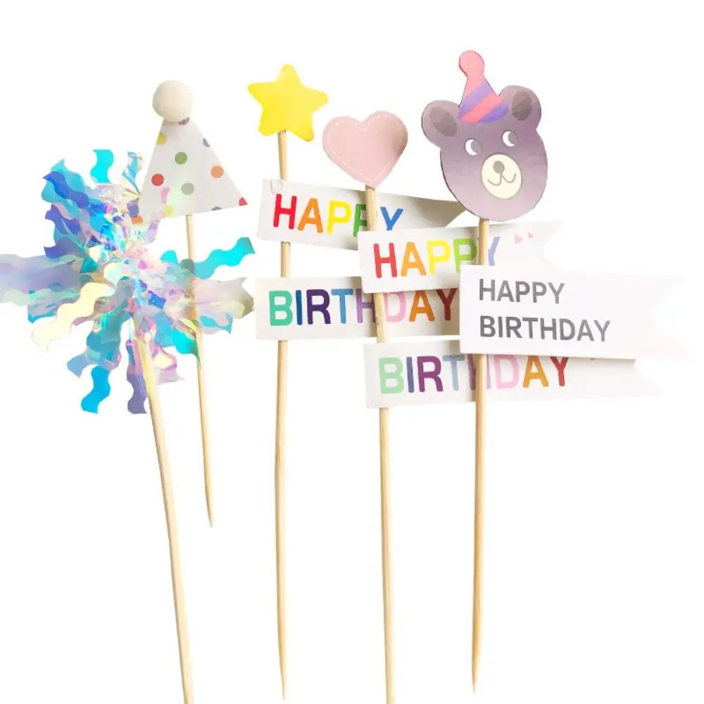 décorations gâteau happy birthday multicolore nounours chapeau banderoles géométriques festives piquées bois