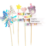 décorations gâteau happy birthday multicolore nounours chapeau banderoles géométriques festives piquées bois