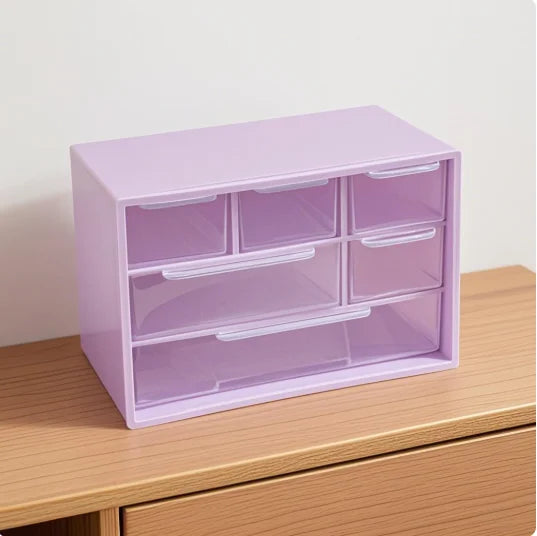 boîtes rangement tiroirs transparentes violet rose blanc organisation pratique moderne