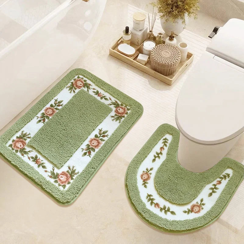 tapis bain fleur rose salle bain doux adhésif anti dérapant classique vert gris