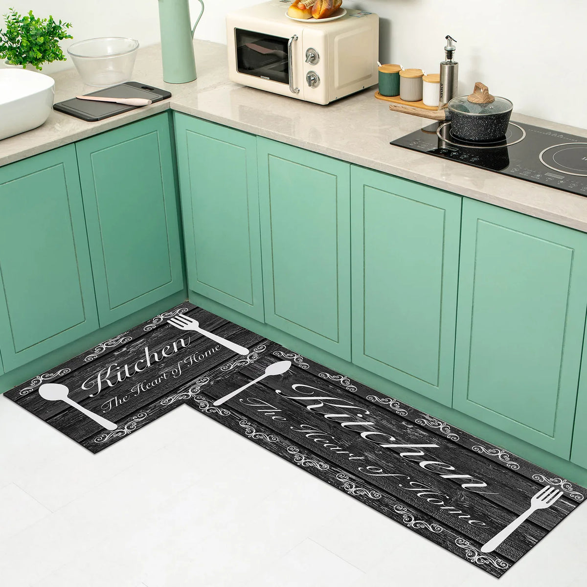 tapis cuisine antidérapant imperméable lettrage cuillères fourchettes texture bois moderne rustique
