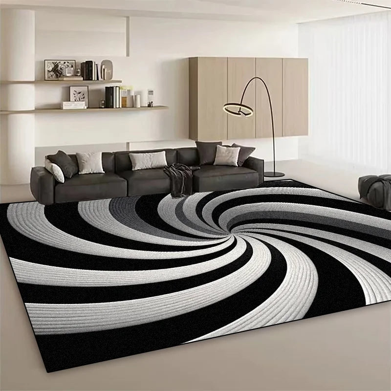 Tapis noir et blanc à motif tourbillonnant, créant un effet visuel saisissant qui s'harmonise avec le mobilier moderne de la pièce.