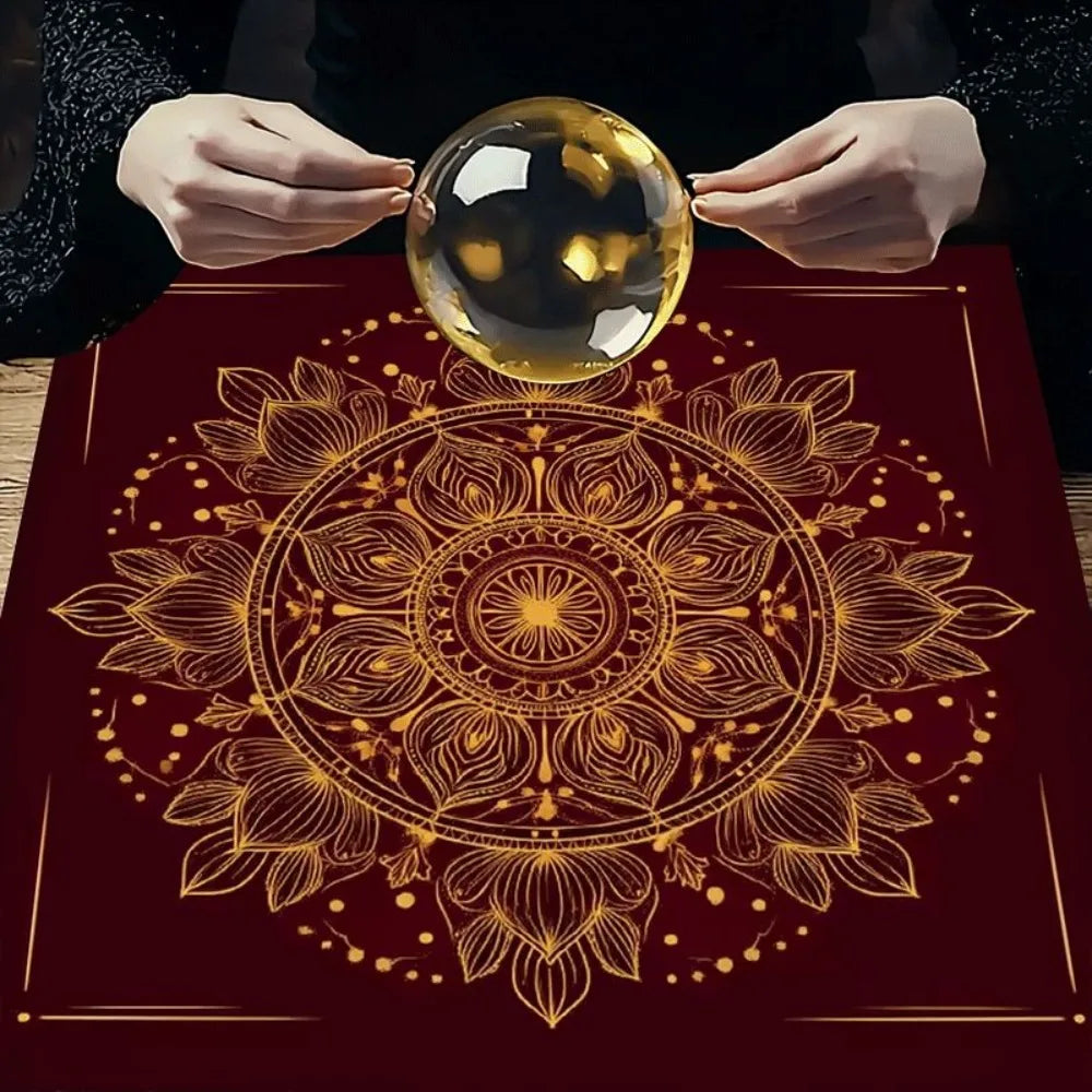 tapis mandala doré rouge cristaux fleurs séchées cartes tarot décoratif spiritualité chambre salon