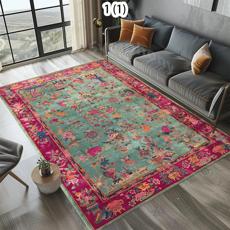 tapis salon vintage motif floral vert rose beige moderne grand tapis chambre décoratif lavable