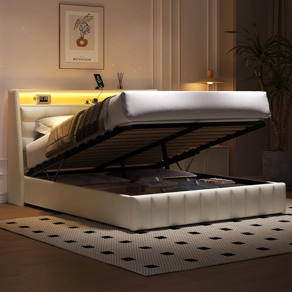 Vue de côté du lit montrant l'éclairage LED RGB et le design épuré