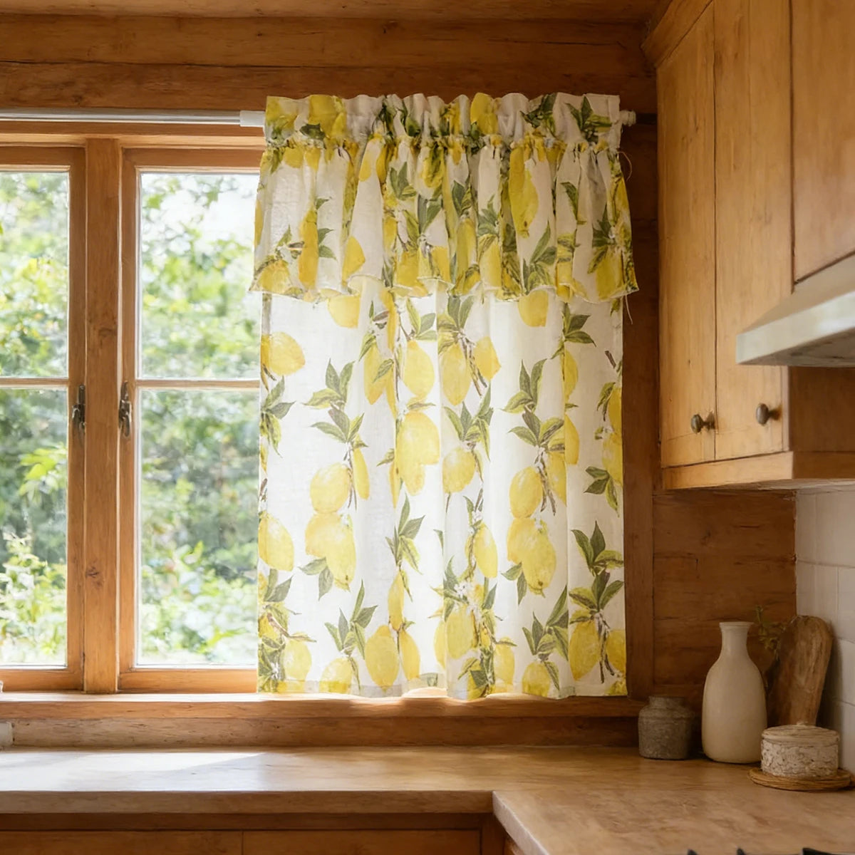 rideau pastoral imprimé citrons jaunes blancs feuilles vintage maison