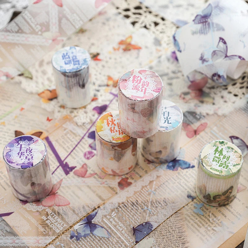 ruban decoratif vintage papillons textes dentelle violet blanc vert beige rose marron clair adhésif