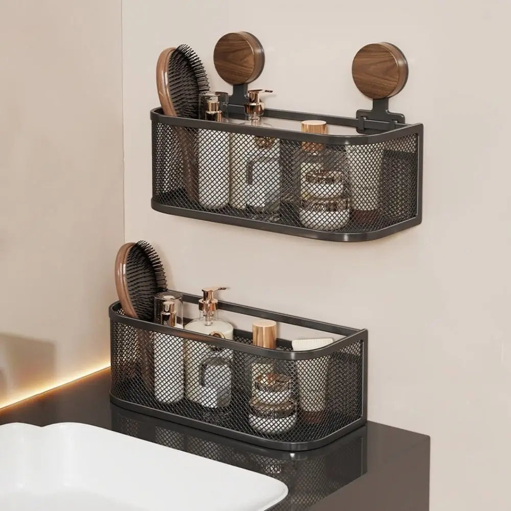 étagère rangement moderne adhésive sans perçage noir beige maille métallique grande capacité cosmétiques toilette