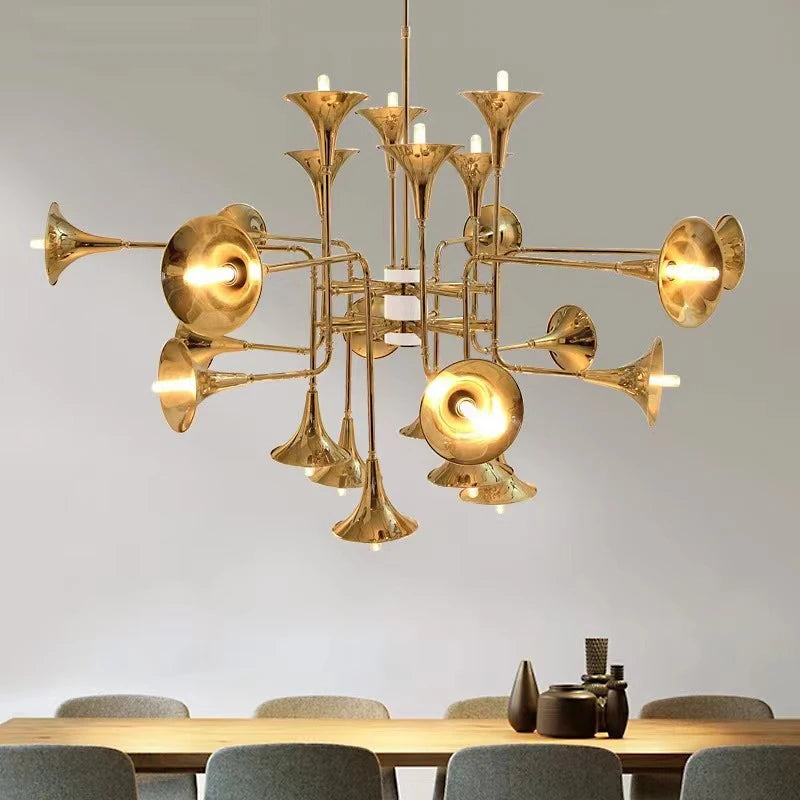 lampe suspension dorée trompettes moderne ampoules led fer haut bas contemporain