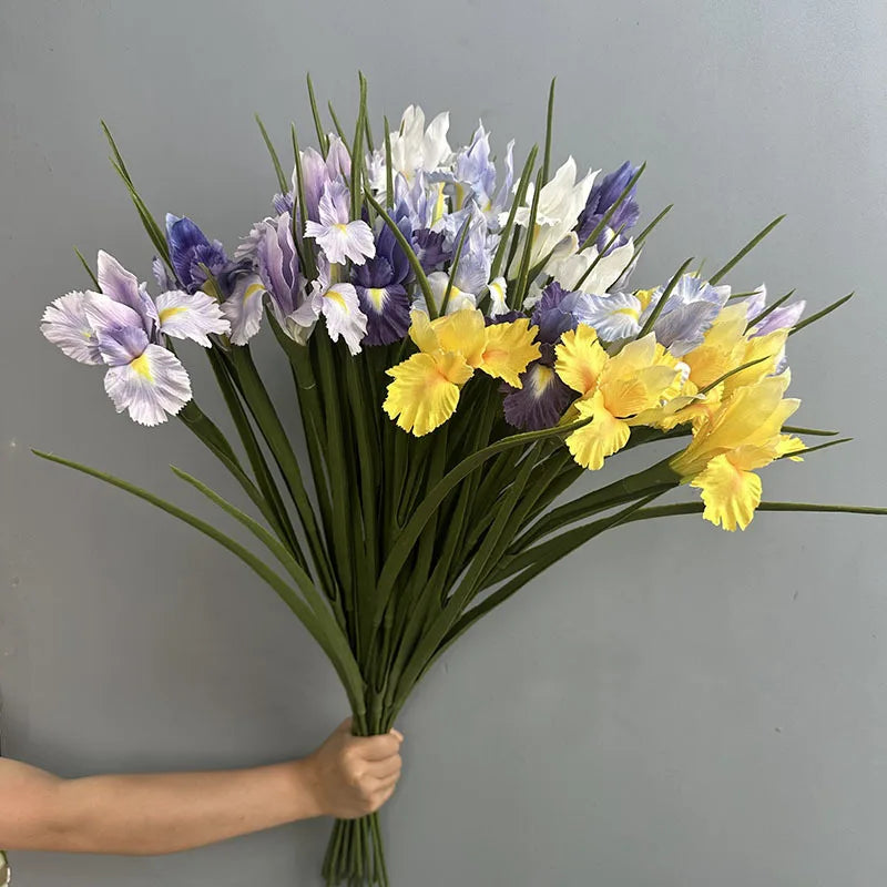 décoration intérieure bouquet iris artificiels soie violet blanc jaune réaliste mariage anniversaire chambre
