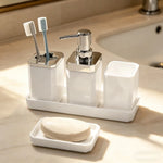 ensemble salle bain moderne porte brosse dents porte gobelet distributeur savon plateau bambou noir