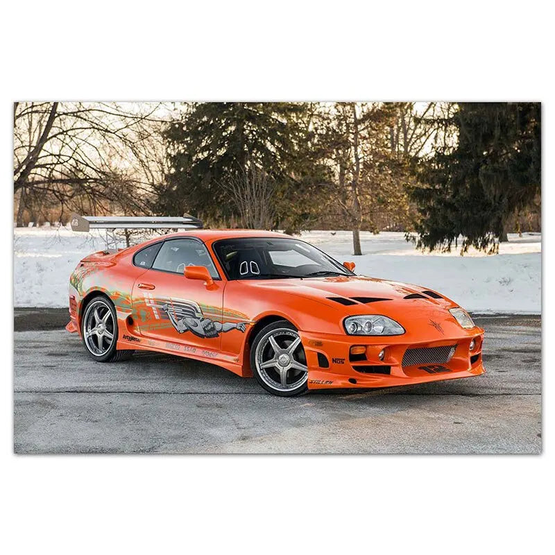 peinture toile voiture sportive orange rayures noires blanches moderne salon