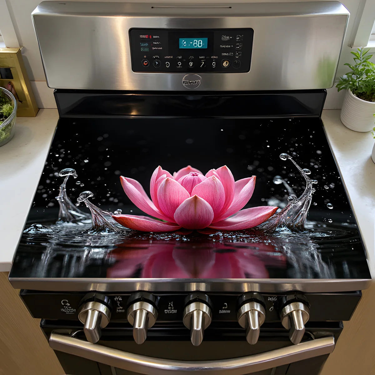 protection plaque cuisson moderne lotus éclaboussures noir rose argenté blanc vert
