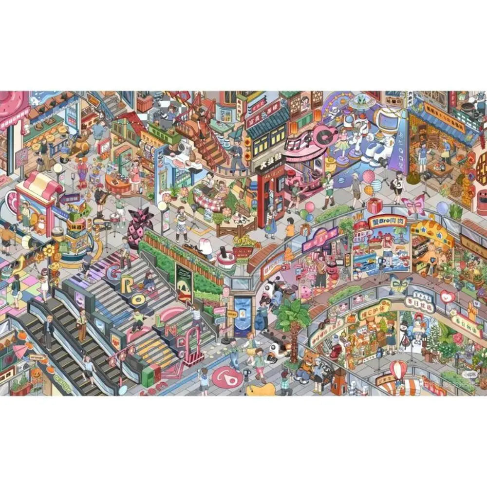 puzzle 3d multicolore ville animée personnages bâtiments scènes textes artistique opacité grande taille détaillé