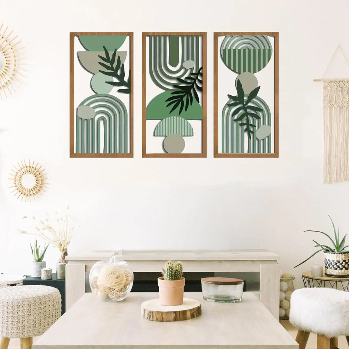 tableaux abstraits bois modernes vert gris beige minimalistes suspension mur