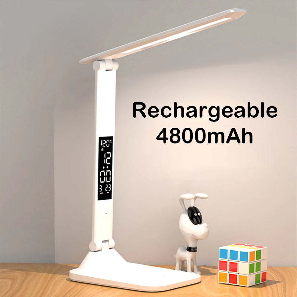lampe table led rechargeable blanc minimaliste affichage numerique port usb pied pliable tactile contemporaine