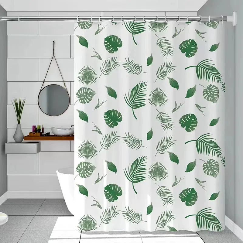 rideau douche feuilles tropicales blanc vert moderne opacité respectueux environnement cintres inoxydables