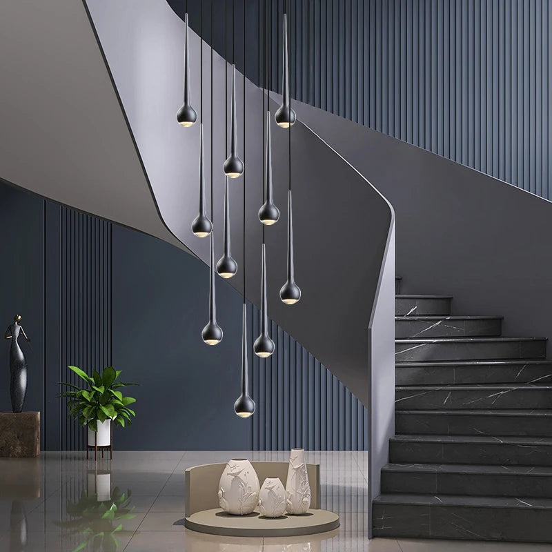 suspension lumineuse argentée gouttes pluie contemporaine fil 2000 82000 lumens chambre salon étude