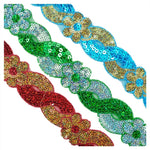 ruban décoratif dentelle sequins fleurs 4cm bleu vert rouge rose or argent partie