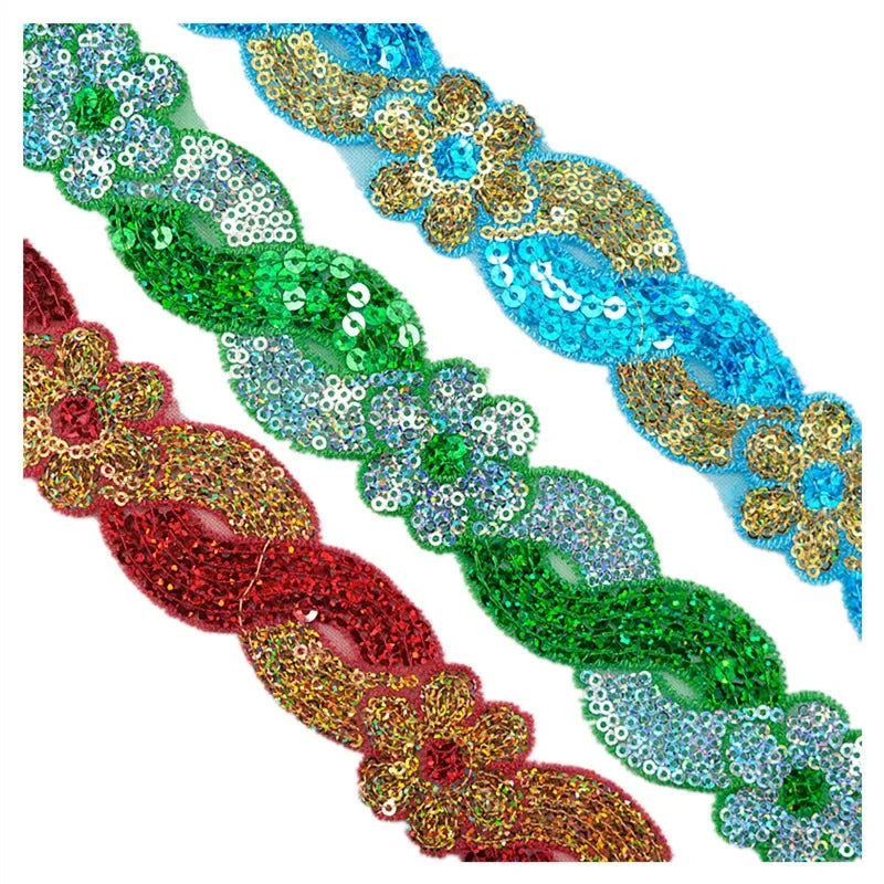ruban décoratif dentelle sequins fleurs 4cm bleu vert rouge rose or argent partie