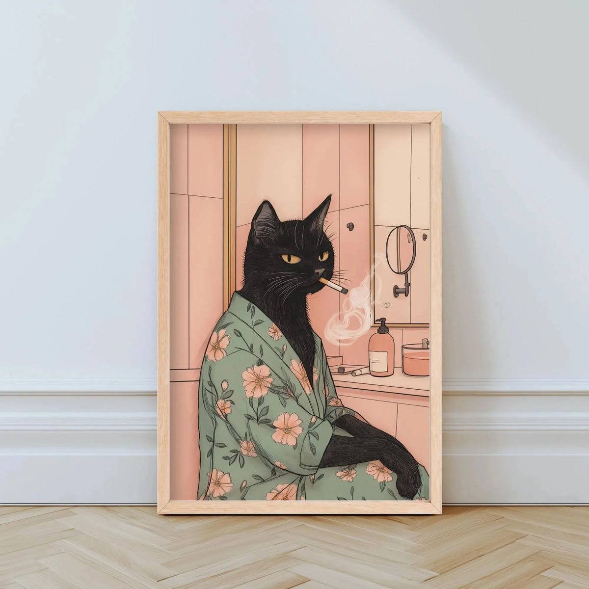 affiche toile chat noir rose décoration murale salon salle bain moderne illustration artistique