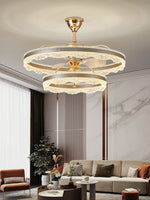 ventilateur moderne doré lampe led tri couleur télécommande blanc translucide strass élégant fixation
