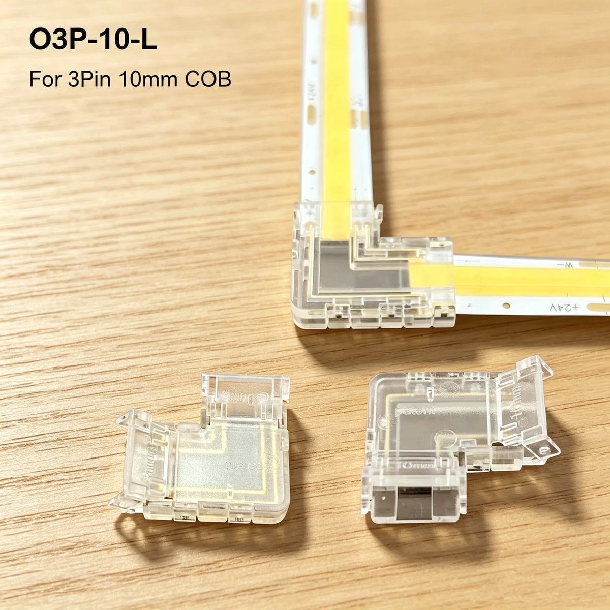 connecteur angle droit 90 degrés ruban led cob clips fixation pression transparent blanc