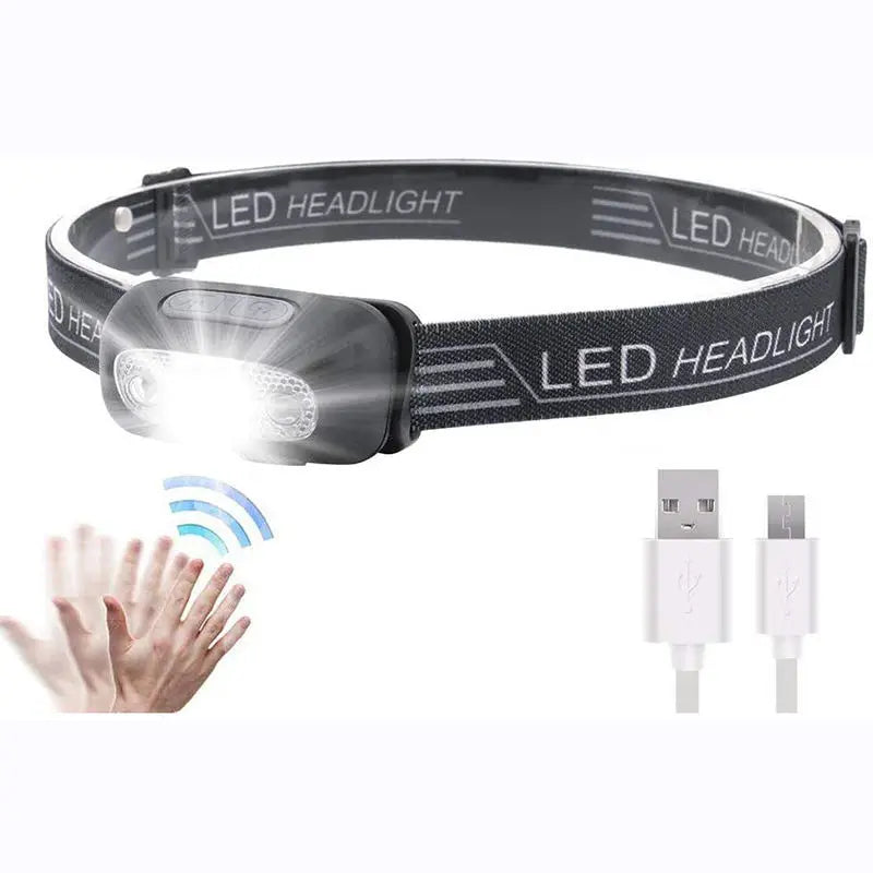 lampe frontale led rechargeable noir bandeau élastique capteur mouvement mode ajustement confortable usb