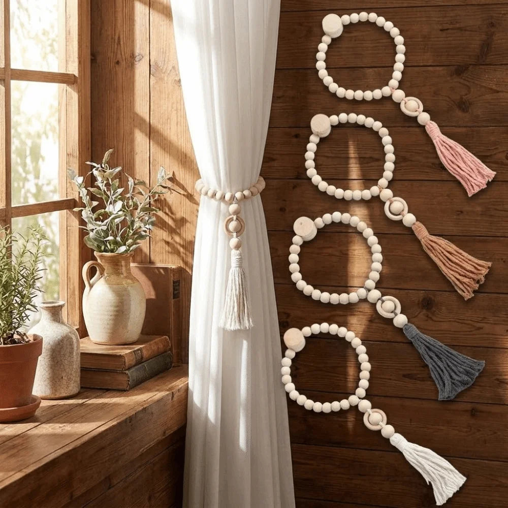 attaches rideau bois pompon bohème rustique naturel anneaux beige rose blanc