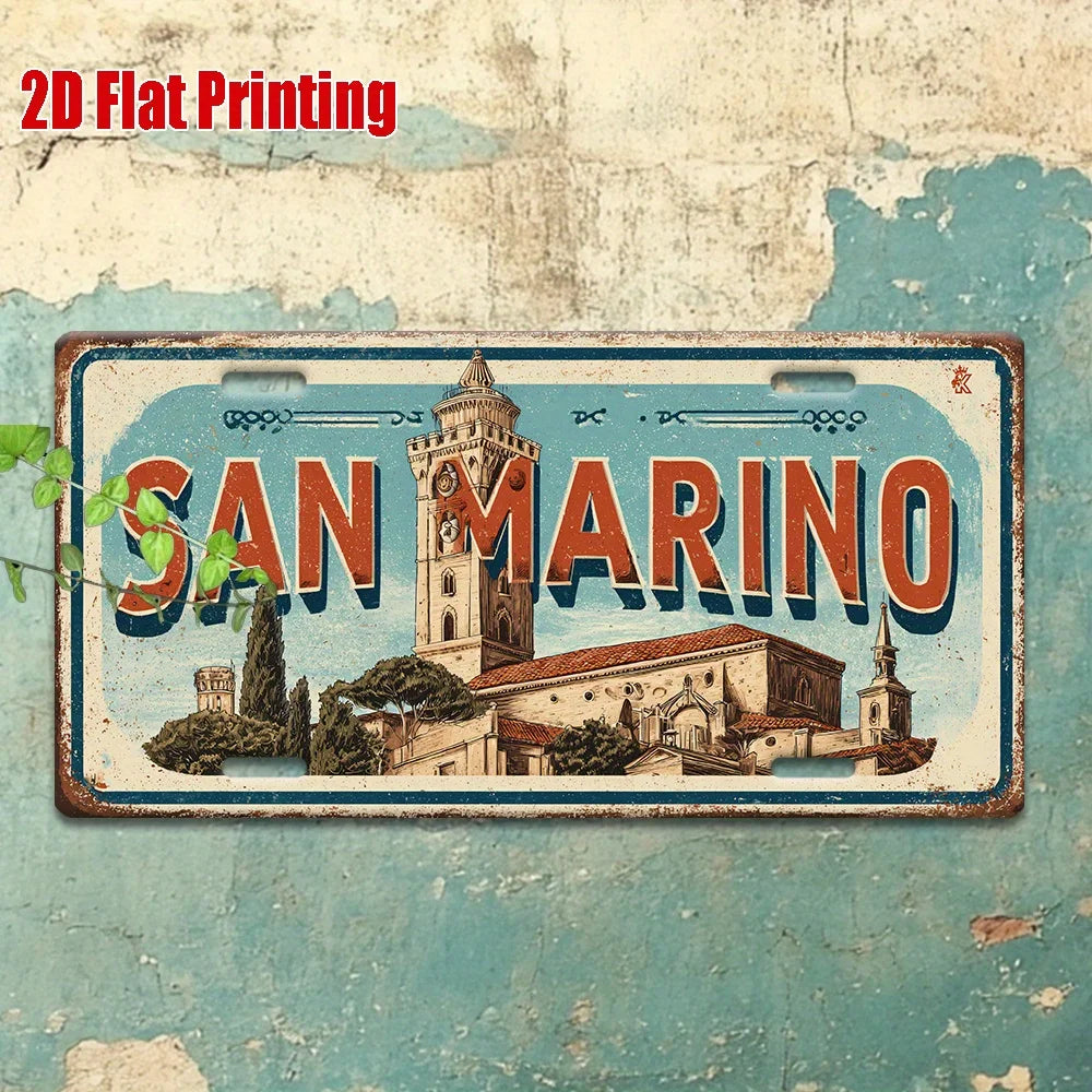 plaque décorative vintage paysage urbain san marino aluminium bleu blanc rouge vert