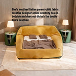 lit double nid oiseau velours jaune moderne minimaliste meuble chambre matelas oreillers couverture tapis