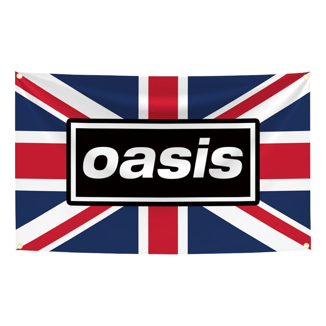 bannière rock vintage oasis logo union jack scène musicale noir rouge bleu