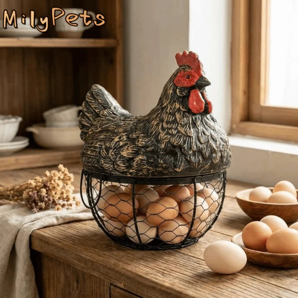 panier rangement œufs forme poulet métal rustique multiusage noir blanc texturé