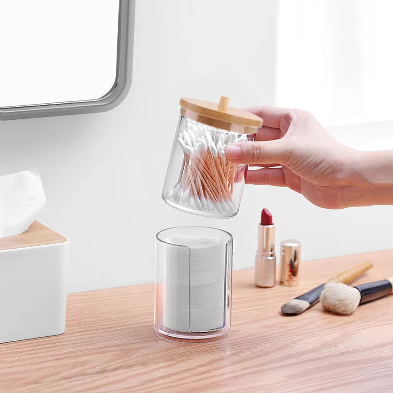 boîtes rangement transparentes couvercle bois boîte coton tige lingettes cosmétiques multifonctionnelle rechargeable moderne minimaliste