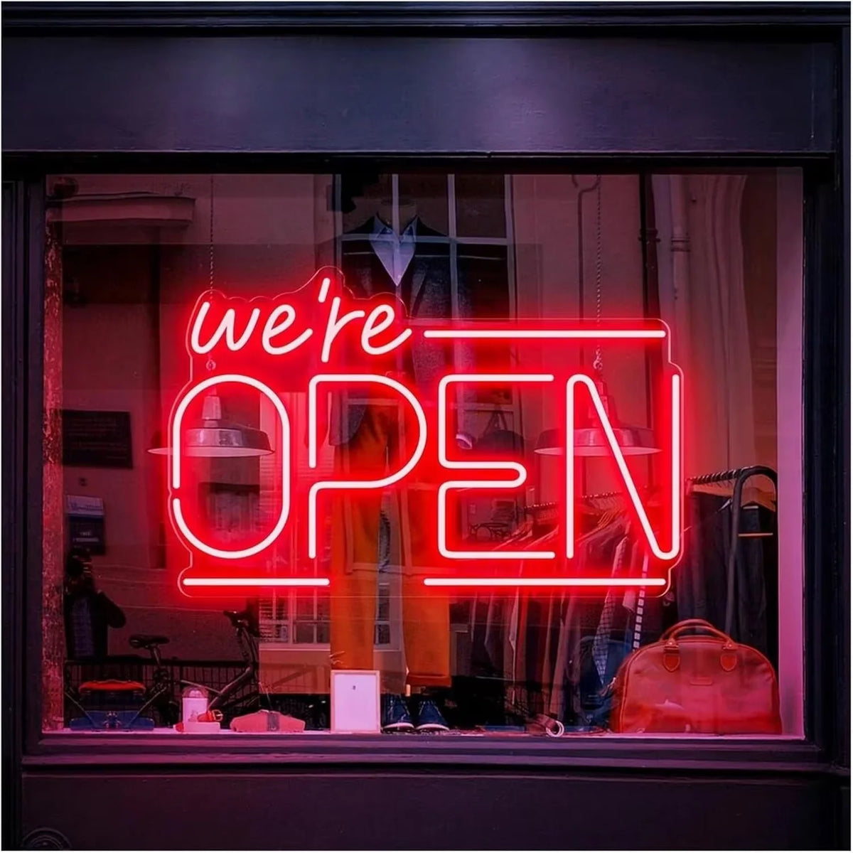 enseigne néon lumineuse WE ARE Open rose jaune bleu blanc moderne chaîne suspension câble