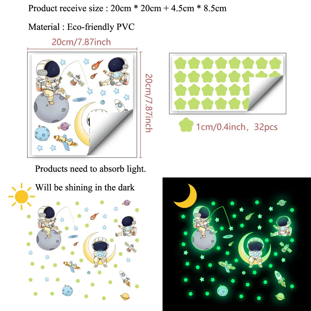 stickers muraux astronautes étoiles fusées nuit chambre enfants illustration cartoon adhésifs lumineux