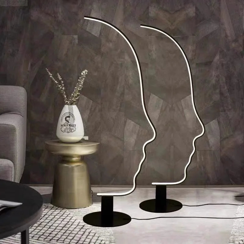lampe sol silhouette visage humain blanc noir contemporain minimaliste interrupteur bouton aluminium