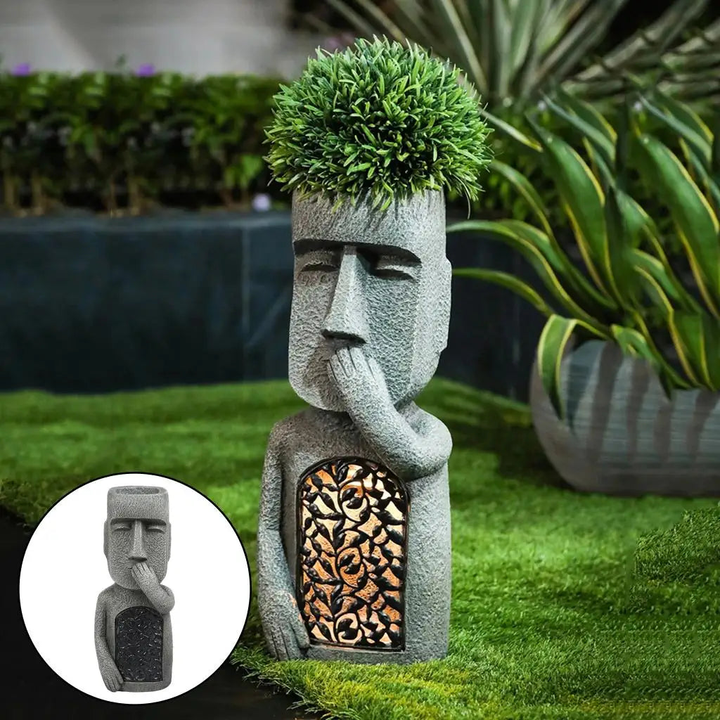 statues moai décoratives extérieures pots fleurs texture pierre motif floral gris noir
