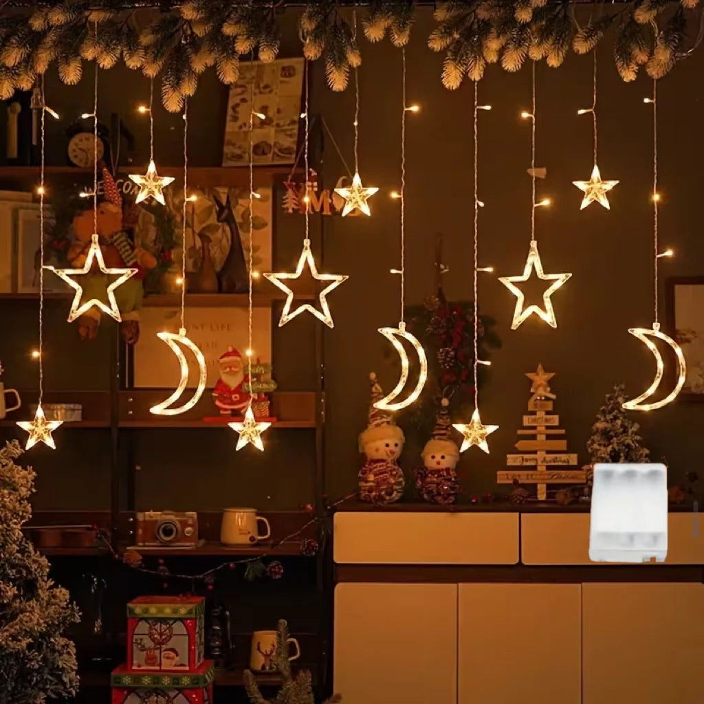 guirlande lumineuse étoiles lunes solaire led blanc doré moderne festif clips extérieur noël ramadan
