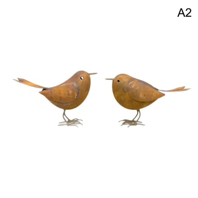 statuette oiseaux marron rouille aspect vieilli rustique décoration jardin extérieur ornement métal pieds apparents